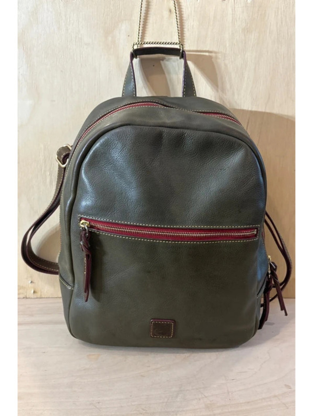 $425 Dooney & Bourke Florentine Ronnie Backpack Leather Bag Olive Green Red Trim